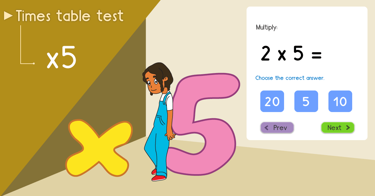 5 times table quiz - Multiply by 5 test - Free 5 times table math games online