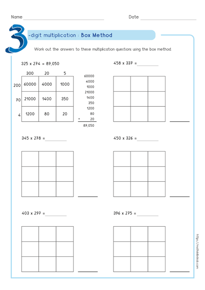 Box multiplication method - Partial product multiplication worksheet 3 by 3