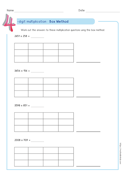 Box multiplication method - Partial product multiplication worksheet 4 by 3