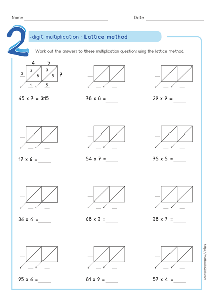 Lattice multiplication method - lattice multiplication worksheet 2 by 1