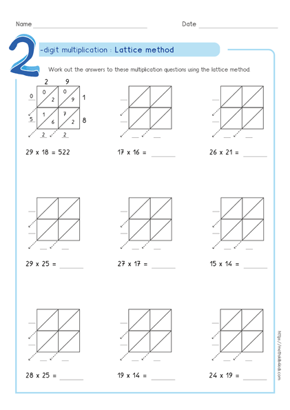 Lattice multiplication method - lattice multiplication worksheet 2 by 2