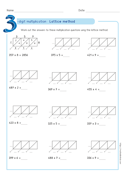 Lattice multiplication method - lattice multiplication worksheet 3 by 1