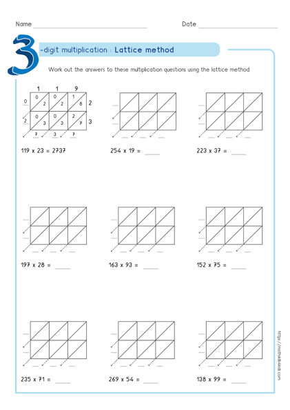 Lattice multiplication method - lattice multiplication worksheet 3 by 2