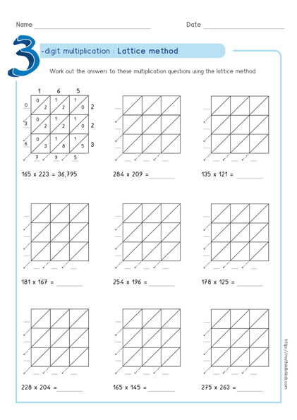 Lattice multiplication method - lattice multiplication worksheet 3 by 3