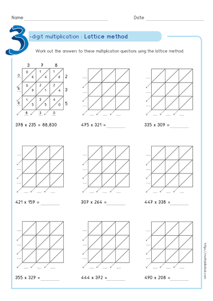 Lattice multiplication worksheet 3-digit by 3-digit number