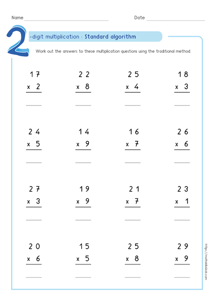 Standard algorithm method - Partial product multiplication worksheet 2 by 2