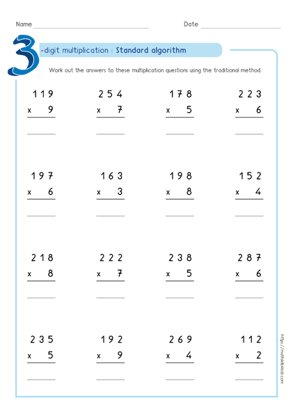 Standard algorithm method - Partial product multiplication worksheet 3 by 1