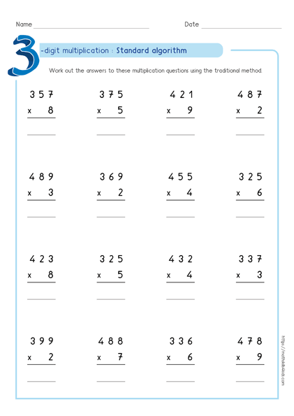 Standard algorithm method - Partial product multiplication worksheet 3 by 2