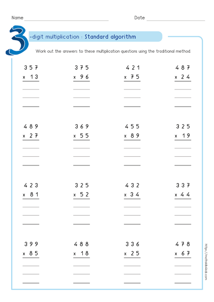 Standard algorithm method - Partial product multiplication worksheet 3 by 3