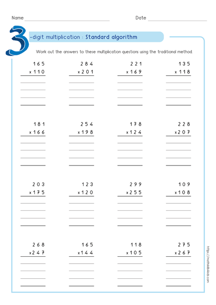 Standard algorithm method - Partial product multiplication worksheet 3 by 3