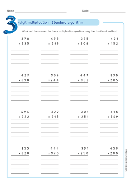 Standard algorithm method - Partial product multiplication worksheet 4 by 3