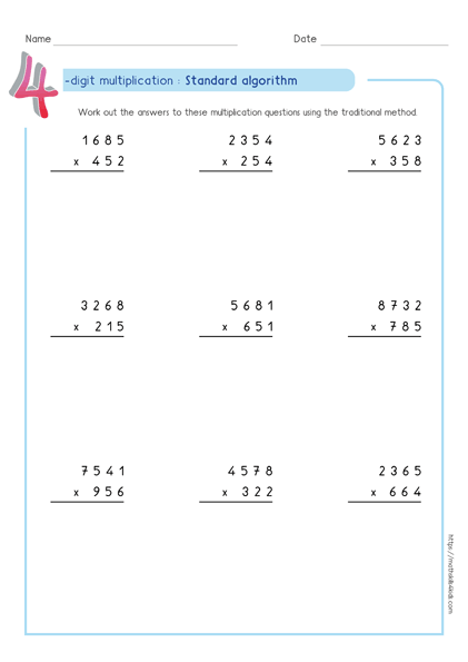 Standard algorithm method - Partial product multiplication worksheet 4 by 3