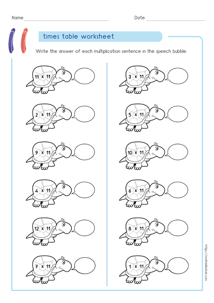 11 times table worksheets PDF - Multiplying by 11 activities