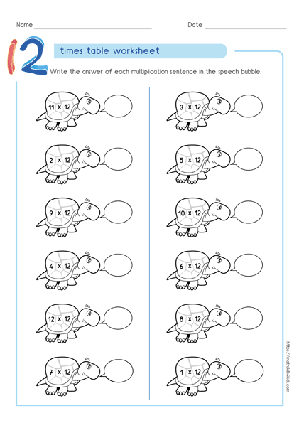 12 times table worksheets PDF - Multiplying by 12 activities