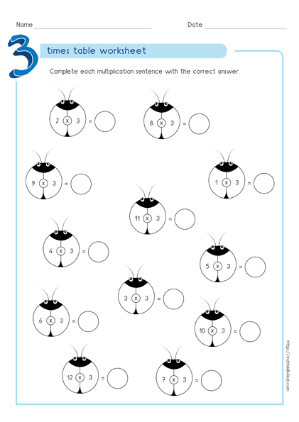 Times Tables Free Worksheets - multiplying by 3