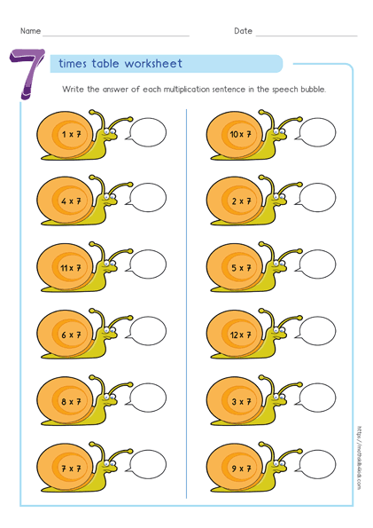 7 times table worksheets PDF - Multiplying by 7 activities
