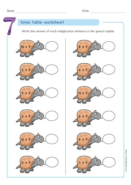 7 times table worksheets PDF - Multiplying by 7 activities