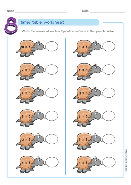 8 times table worksheets PDF - Multiplying by 8 activities