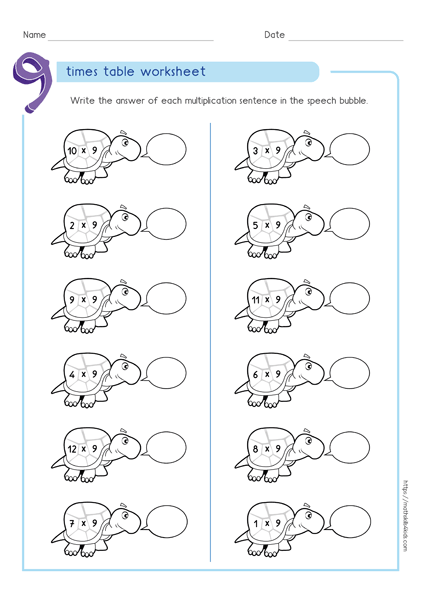 9 times table worksheets PDF - Multiplying by 9 activities