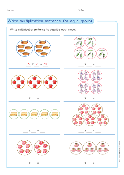 Write multiplication expression for equal groups worksheet 3