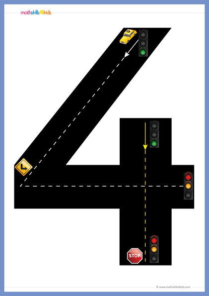 preschool math printable game - road numbers math digit 4