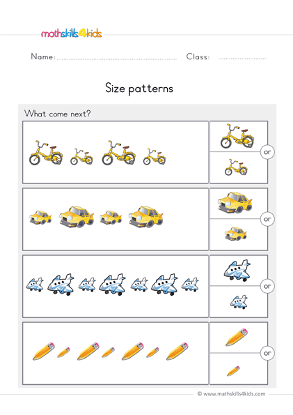 preschool math worksheets size patterns