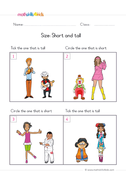 preschool math worksheets size vocabulary practice